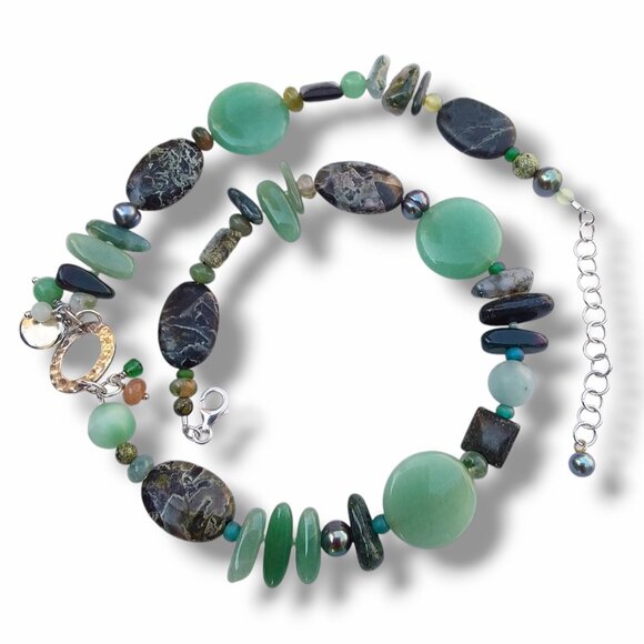 Multi Gemstone Necklace Green Aventurine Agate Pearl 18.5in Custom OOAK - Picture 5 of 11